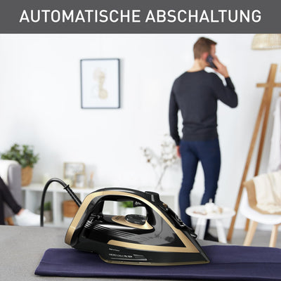 Tefal Puregliss Dampfbügeleisen, 3000 Watt, 280 g/Min. Dampfstoß, 0-50 g/Min. variabler Dampf, Vertikaldampf, Durilium AirGlide Autoclean Bügelsohle, Micro-Calc-Filter, schwarz/gold, FV8064