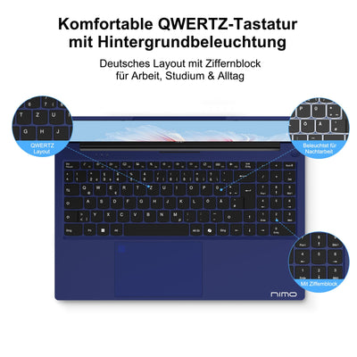 NIMO Laptop 15,6 Zoll Full HD: 16GB RAM, 1TB SSD, Intel N100, WLAN-Konnektivität, USB-C 65W, Fingerabdruck, Beleuchtete Tastatur, Leichter Computer für Arbeit & Studium, Blau