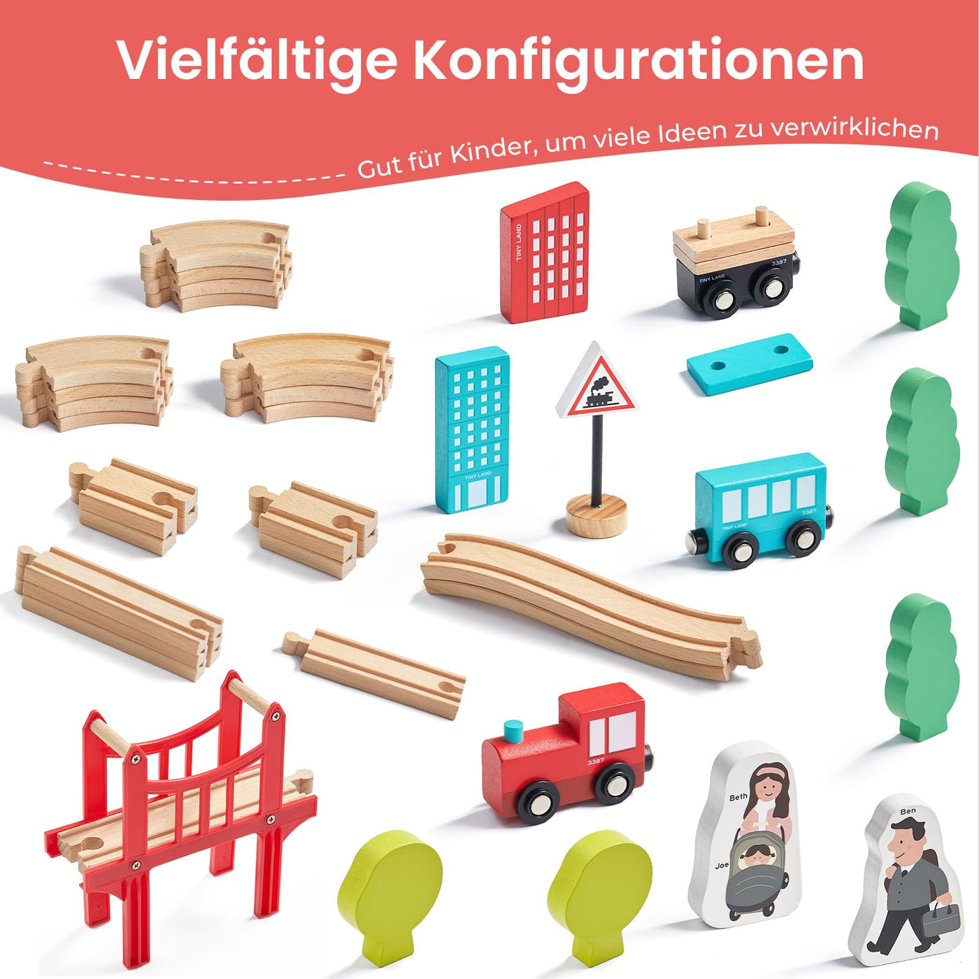 Tiny Land 39 Pcs Holzeisenbahn und Züge Pack Eisenbahn Anfängerset Kompatibel mit Thomas Passend für Eichhorn Zugset Kleinkinderspielzeug empfohlen ab 3 Jahren