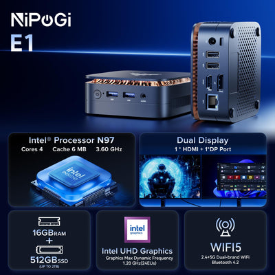 NiPoGi E1 Mini PC mit Ιntel Alder Lake N97(Max 3,6 GHz) 16GB DDR4 512GB SSD,Mini Computer Dual UHD Display 4K@60Hz HDMI 2.0+DP 1.4 Desktop PC mit Gigabit Ethernet/2.4+5G WiFi/Bluetooth für Büro