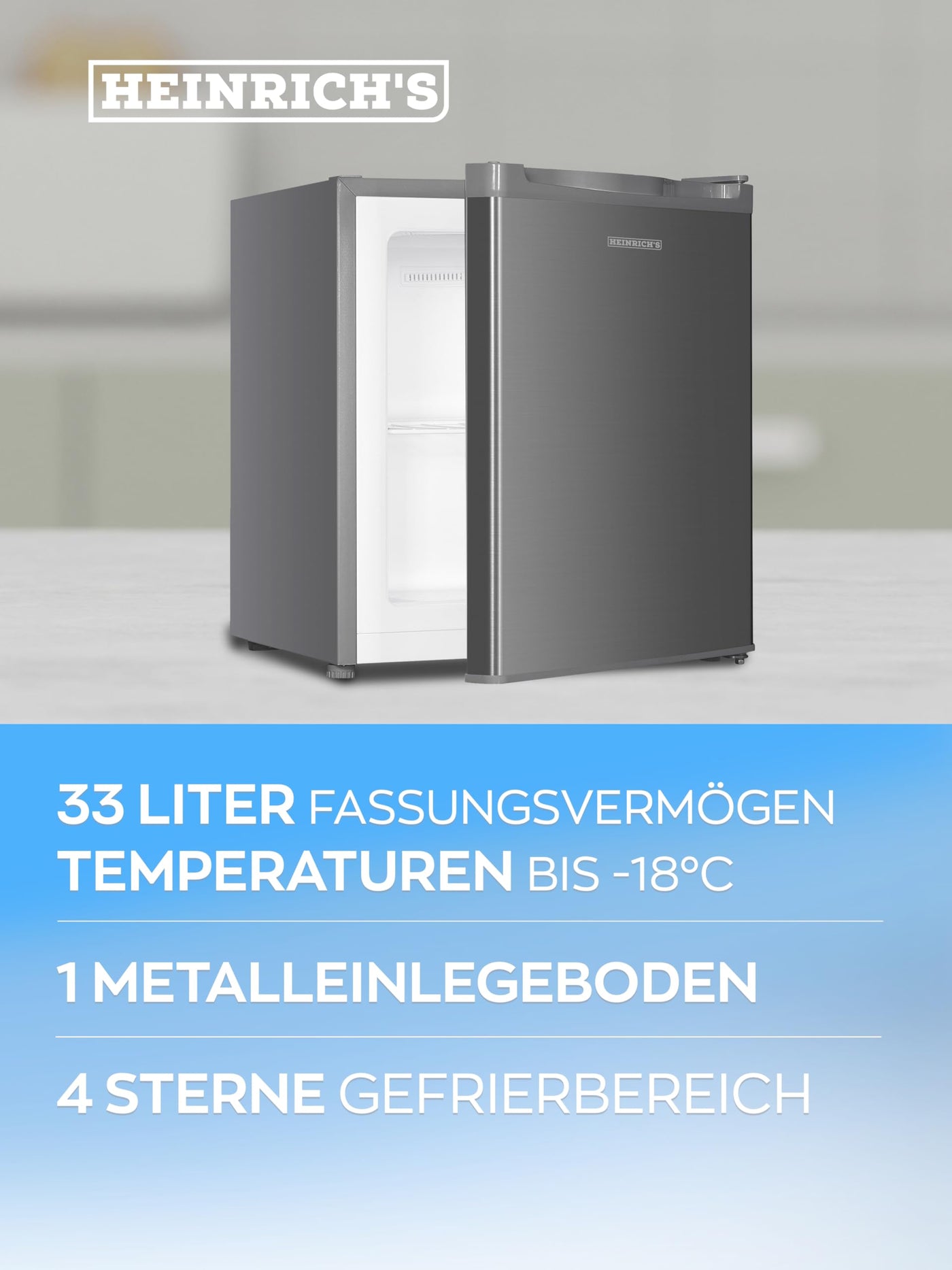 Heinrich´s Mini Gefrierschrank 33L -18°C klein kompakt leise:40db Gefrierbox; wechselbarer Türanschlag; mini Tiefkühltruhe Tiefkühlschrank,perfekt für Büro Camping Outdoor (Edelstahl/Inox)