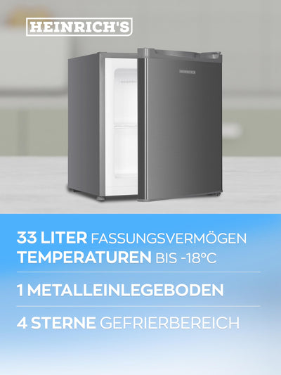 Heinrich´s Mini Gefrierschrank 33L -18°C klein kompakt leise:40db Gefrierbox; wechselbarer Türanschlag; mini Tiefkühltruhe Tiefkühlschrank,perfekt für Büro Camping Outdoor (Edelstahl/Inox)