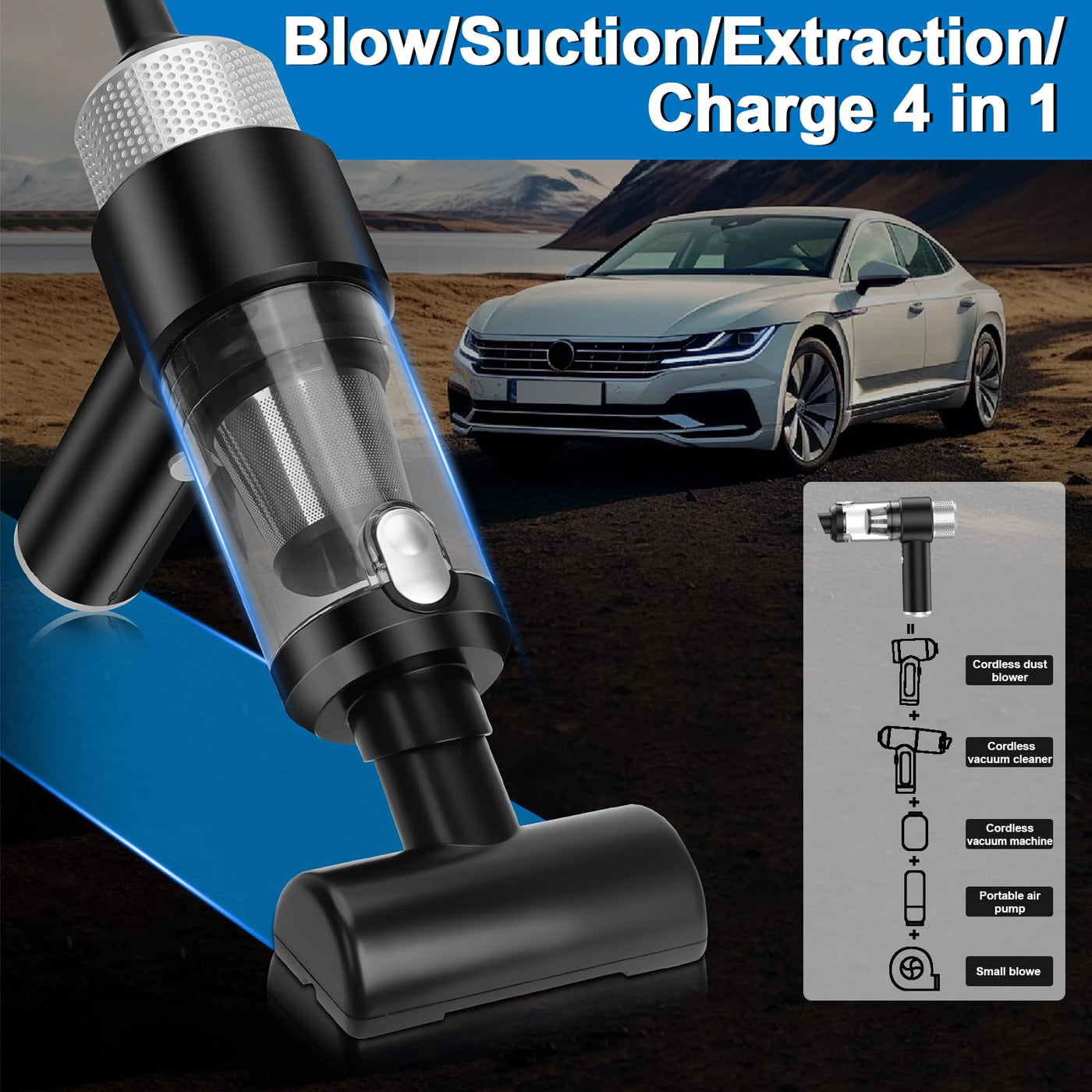 Suprbee Mini Autostaubsauger, 15000PA 4 in 1 Akku Staubsauger & Staubabsauger & Luftgebläse & Handpumpe, Tragbarer Nass und Trockenhandstaubsauger für Auto, Haus, Küche, Tierhaare