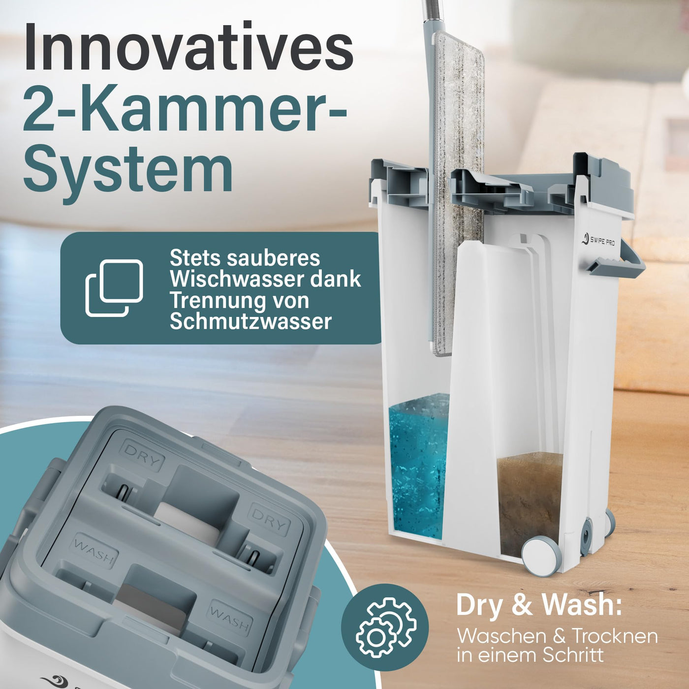 SWIPE PRO Wischmopp Set mit Eimer [ROLLENFUNKTION] - 2 Kammer-System - ABFLUSSVENTILE - einfache Auswringfunktion - 2 Stück waschbare Microfaserpads - für Jede Bodenart - Jetzt Bilder ansehen!
