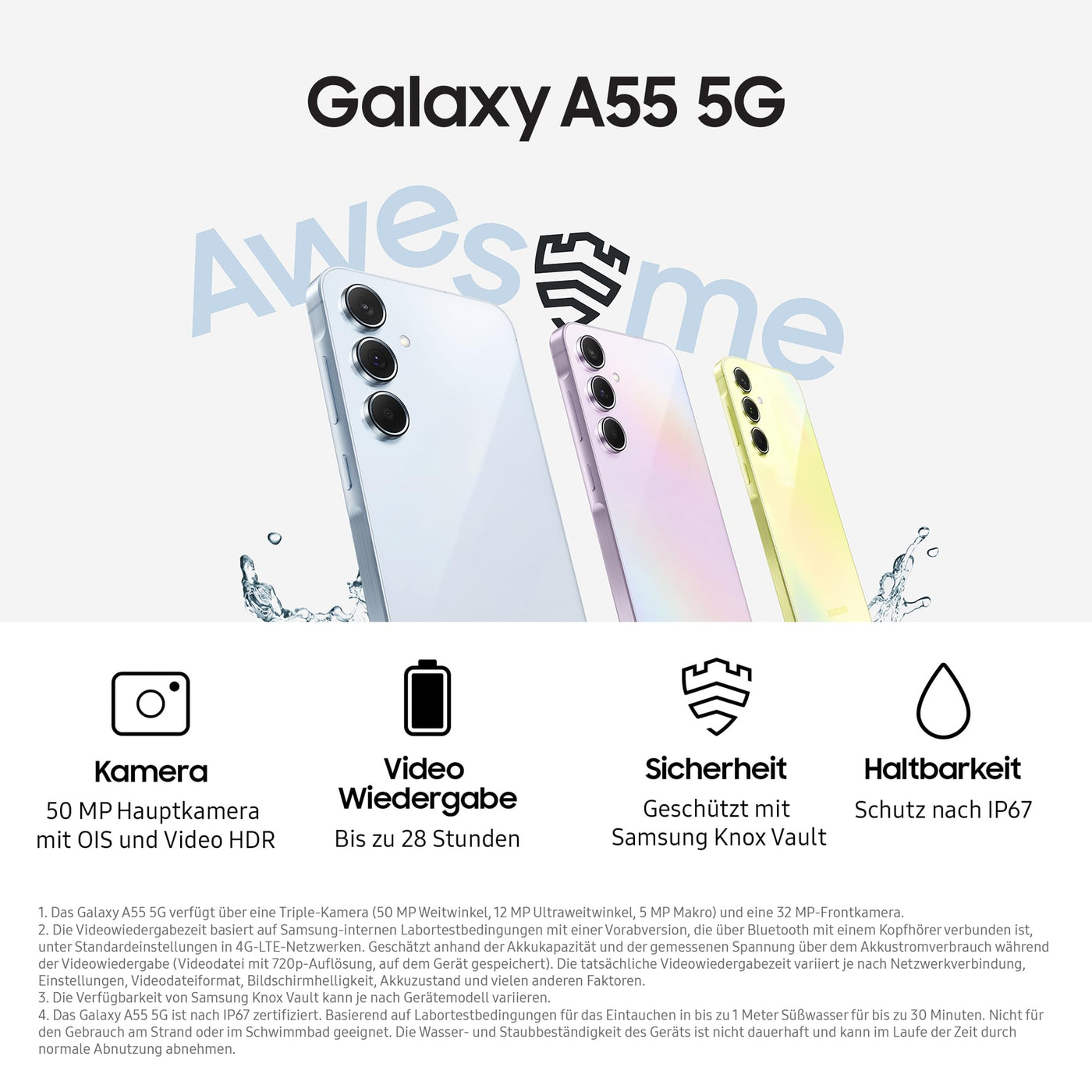 Samsung Galaxy A55 5G Smartphone, Android-Handy ohne Vertrag, 128 GB - 8 GB RAM, 2 Tage Akkulaufzeit, 50-MP-Kamera, Awesome Lemon, 2,5 Jahre Herstellergarantie