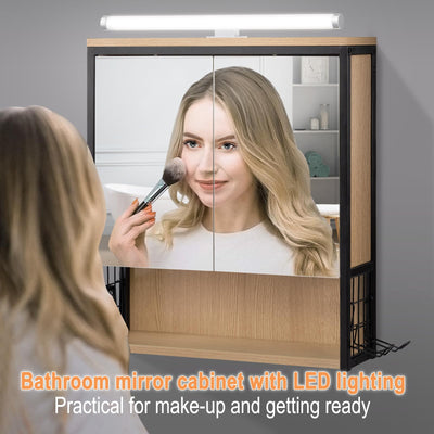 EUGAD Spiegelschrank Bad mit Beleuchtung, Badezimmerschrank mit Spiegel, Badschrank hängend, mit Verstellbarer Ablage Halter Korb, aus Metall MDF, schwarz + helle Eiche