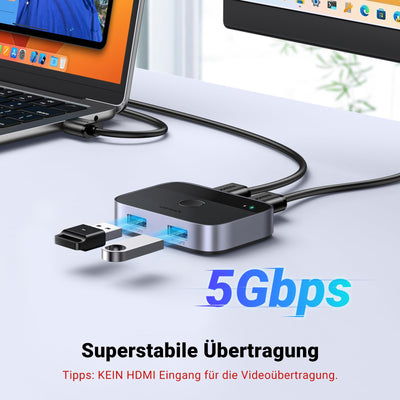 UGREEN USB Switch 2PC USB Switch 3.0 2 In 2 Out USB Umschalter mit 2 USB 3.0 A auf A Kabel für Tastatur, Maus, Drucker, Festplatten, USB-Kameras usw.