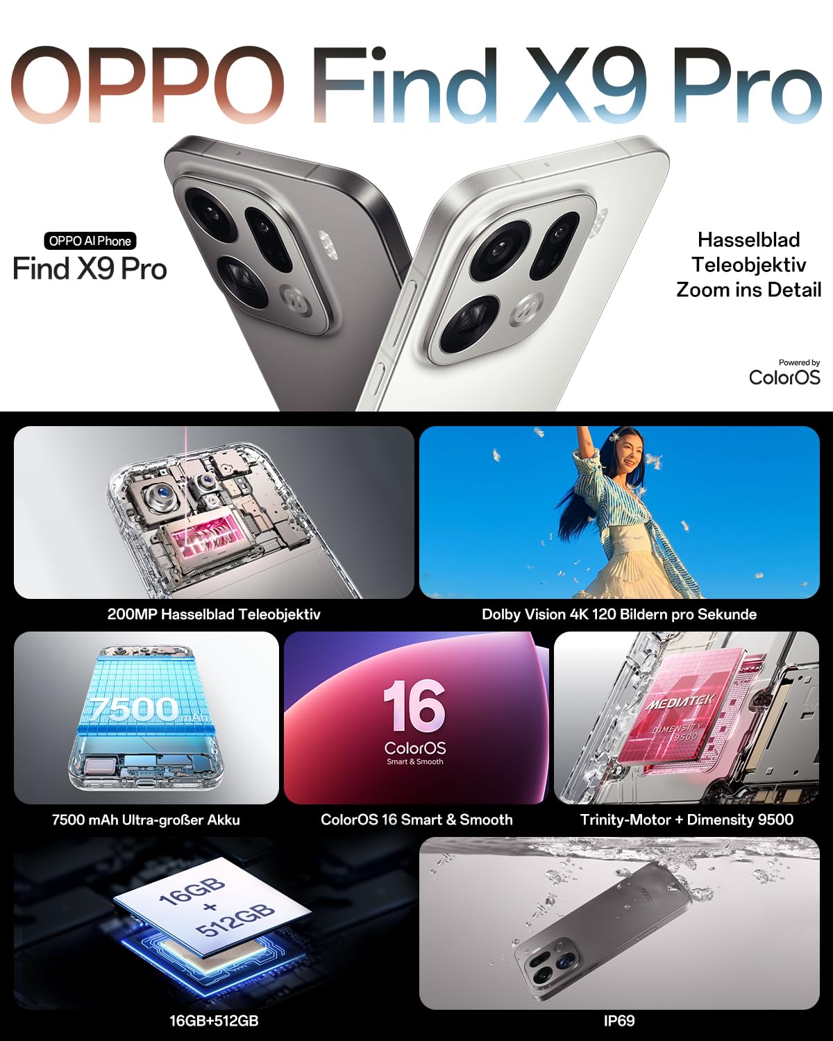 OPPO Find X9 Pro 5G 16+512GB, AI Unlocked Smartphone, 6,78" 120Hz ProXDR Display, 200MP Hasselblad-Kamera, 4K Motion, 7500 mAh Akku, IP69, Silk White (inkl. 80W SUPERVOOC Ladegerät und Enco Air4)
