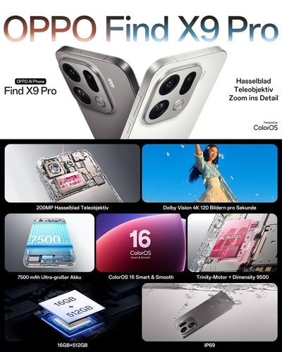 OPPO Find X9 Pro 5G 16+512GB, AI Unlocked Smartphone, 6,78" 120Hz ProXDR Display, 200MP Hasselblad-Kamera, 4K Motion, 7500 mAh Akku, IP69, Silk White (inkl. 80W SUPERVOOC Ladegerät und Enco Air4)