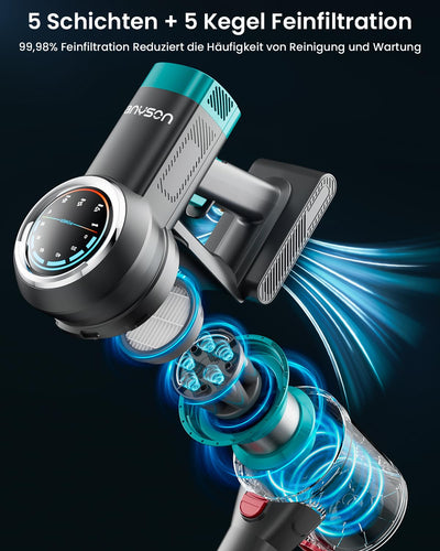 Anyson Akku Staubsauger,550W/45KPa Staubsauger Kabellos,60Min Laufzeit,Selbsttragendes Design, AkkuStaubsauger mit OLED-Display und Anti-Tangle-Bürste,Staubsauger für Teppiche,Hartböden und Tierhaare