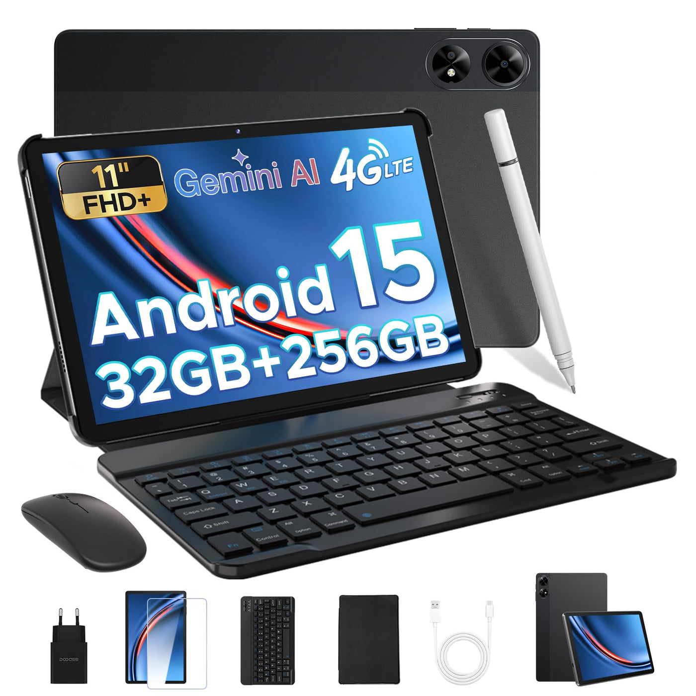 DOOGEE TAB G6+ Android 15 Tablet 11 Zoll, FHD+, 32GB RAM + 256GB ROM, 8000mAh Akku, Gemini AI, 4G LTE, Unisoc T7280 Octa-Core, Widevine L1, Tablet mit Tastatur/Stift/SIM Card Slot/Maus/Hülle