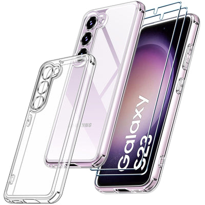 ivoler 3-in-1 Case for Samsung Galaxy S23 5G, 1 Mobile Phone Case with 2 Tempered Glass Screen Protectors, Never Yellowing, Military Protection, Camera Protection, Thin Transparent, Shockproof,