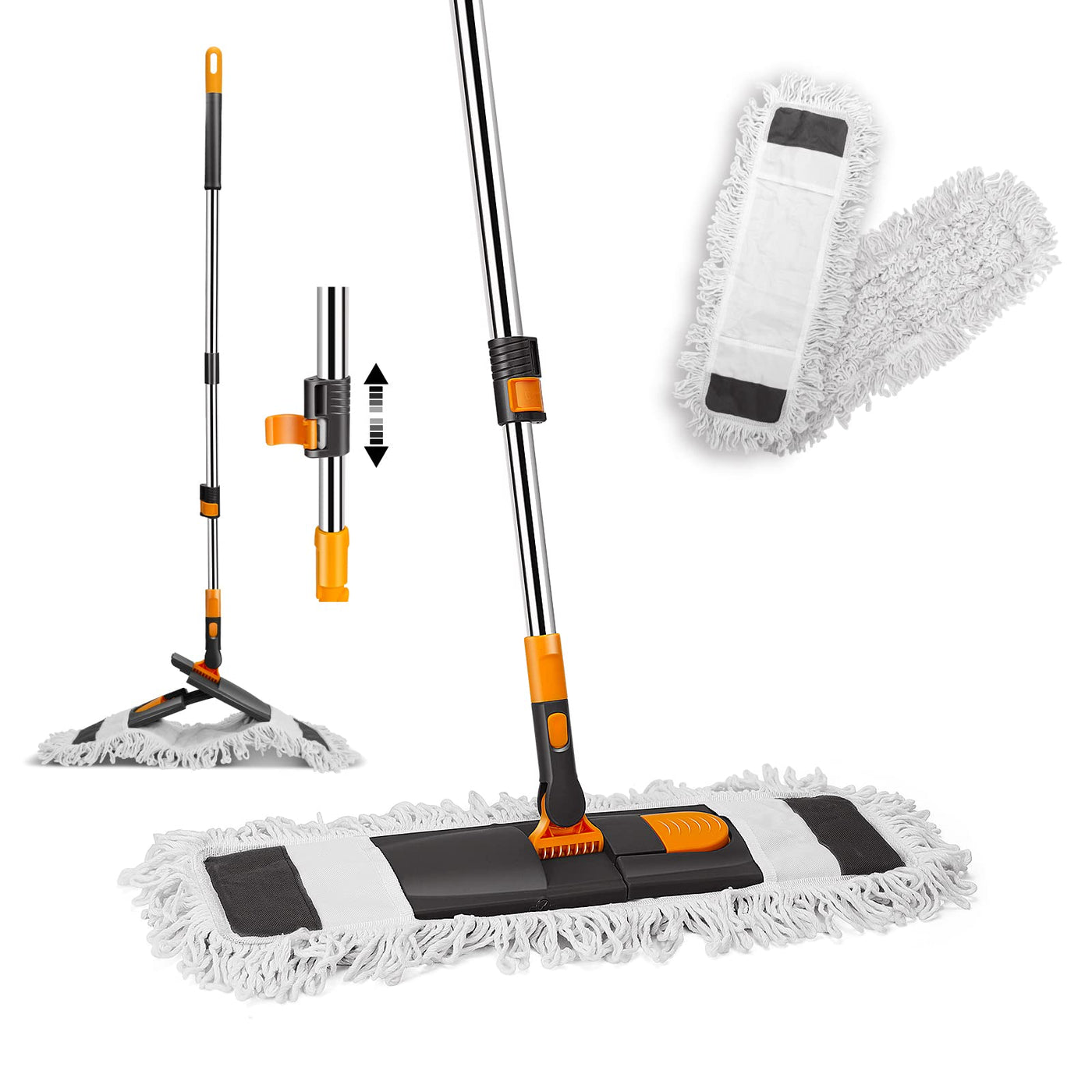 Myiosus Bodenwischer, Wischmopp groß, 60cm Breit wischer Boden, Industrieller Mop mit 126cm Edelstahl Teleskopstiel, 360° drehbarer Flachmopp für Hartholz Fliesen Marmor Laminat (2 Mikrofaser Pads)