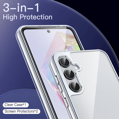 JETech 3 in 1 Hülle für Samsung Galaxy A35 5G, mit 2 Stück Schutzfolie, Gehärtetem Glas Displayschutz, Stoßfeste Stoßstange Schützende Klare Rückseite Handyhülle (Durchsichtig)