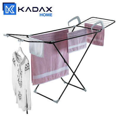 KADAX Wäscheständer 3in1, Standtrockner mit Rädern, Wäschetrockner für Heizung und Badewanne, Flügelwäschetrockner mit 18m Trockenfläche (Schwarz)