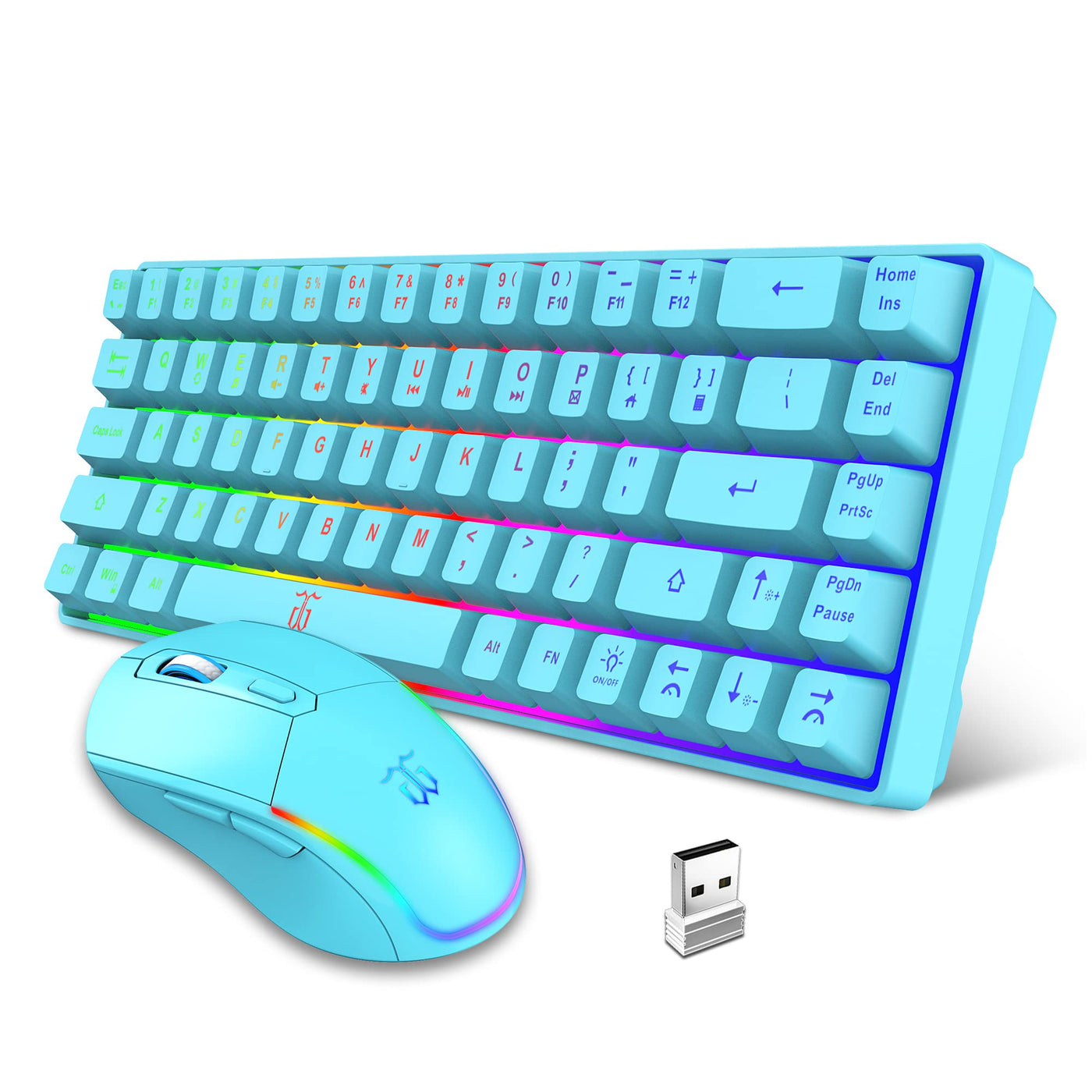 Snpurdiri 60% Tastatur Maus Set Kabellos, LED-Beleuchtung, wiederaufladbare 2000mAh Batterie Small Mini 60 Prozent Wireless Gaming Combo, Ergonomisches Design 6D 3200DPI Maus (Blau)