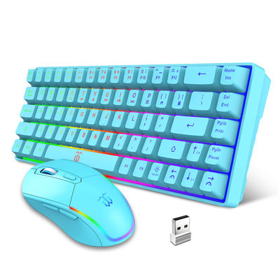 Snpurdiri 60% Tastatur Maus Set Kabellos, LED-Beleuchtung, wiederaufladbare 2000mAh Batterie Small Mini 60 Prozent Wireless Gaming Combo, Ergonomisches Design 6D 3200DPI Maus (Blau)
