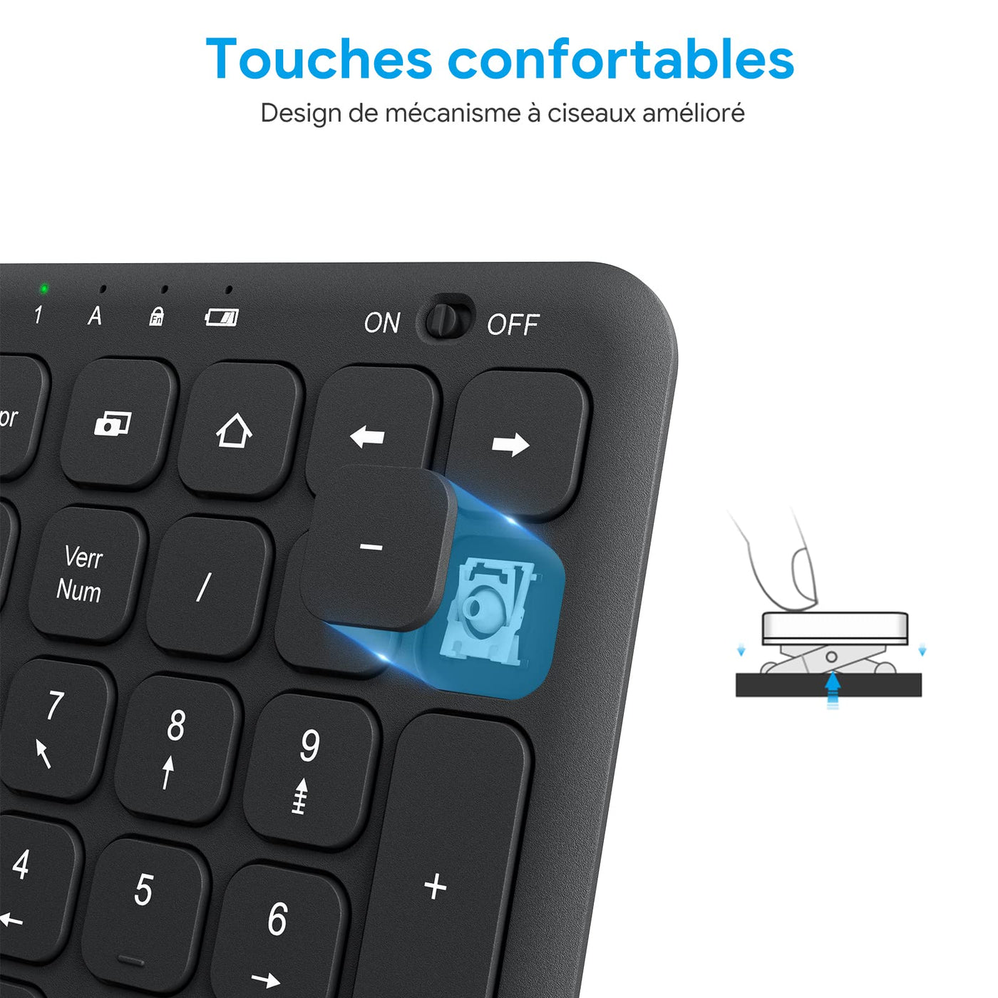 OMOTON Kabellose Tastatur, 2,4 GHz, AZERTY-Tastatur, leise, für Windows 10/8/7, PC, Computer, kabellose USB-Tastatur mit Ziffernblock, ultradünn, Schwarz