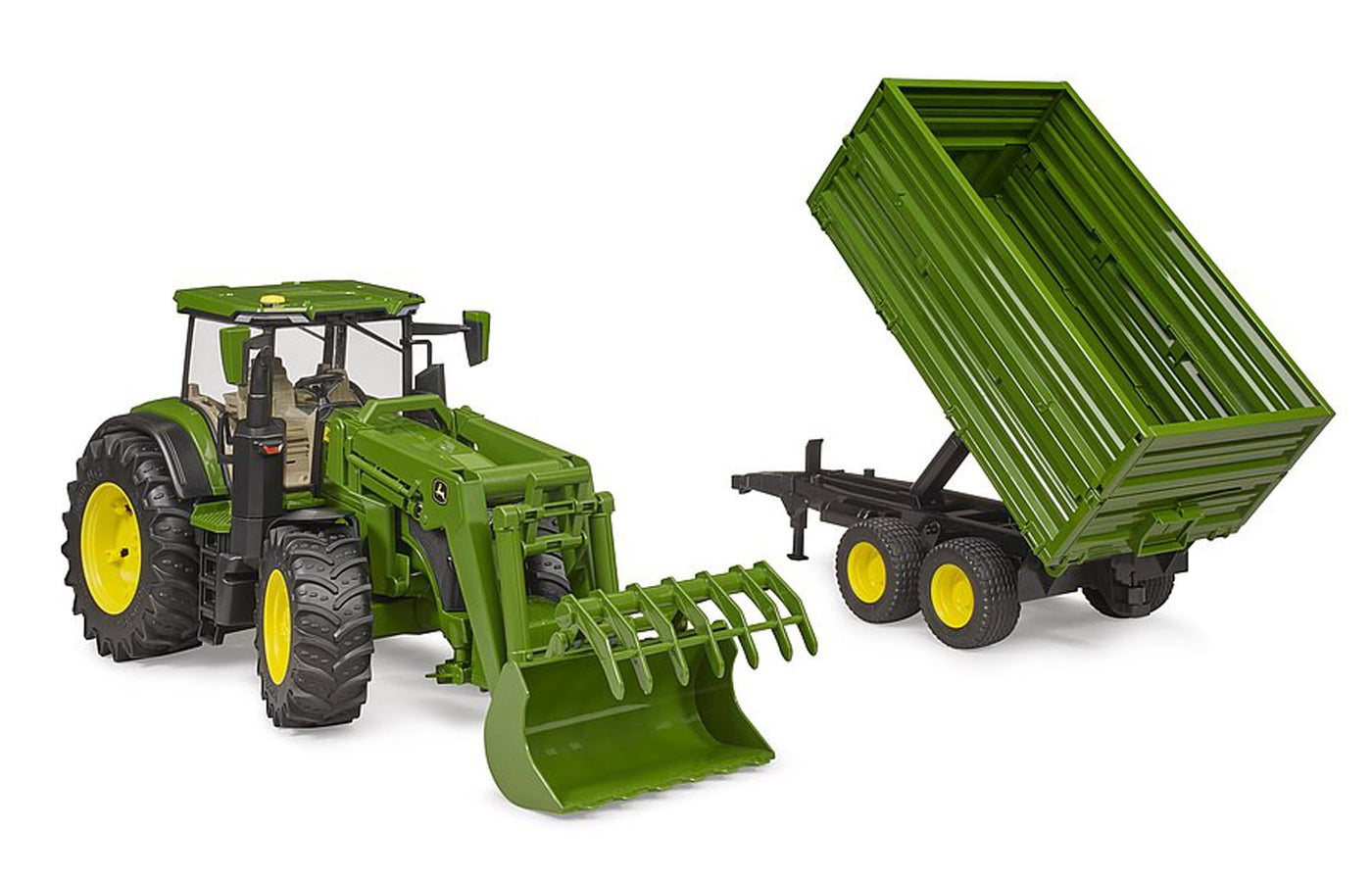 bruder 03155 - John Deere 7R 350 mit Frontlader und Tandemachstransportanhänger - 1:16 Fahrzeug, Traktor, Bulldog, Schlepper, Trecker, Landwirtschaft, Bauernhof, Anhänger, Kipper, bworld, Spielzeug