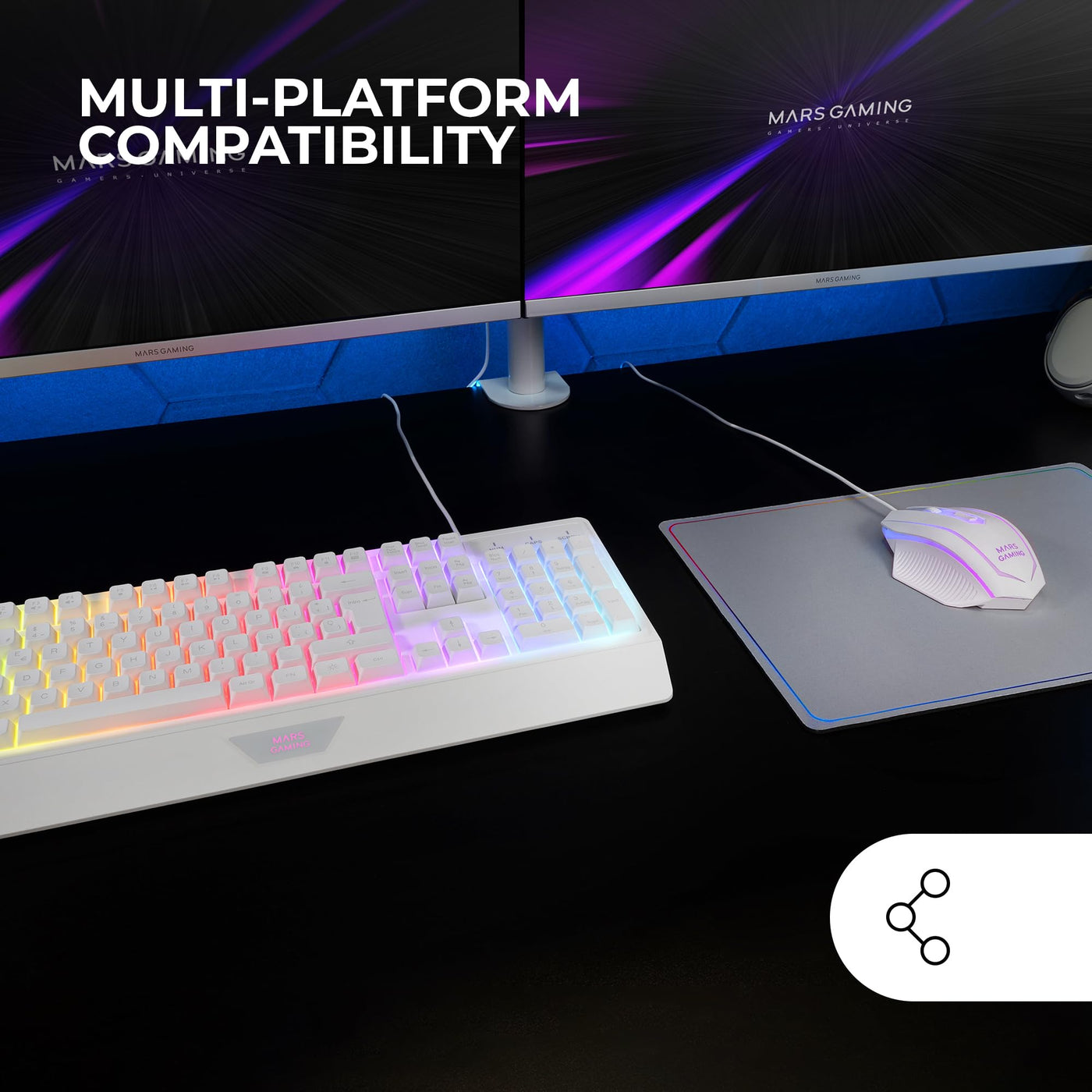 MARSGAMING MCP124, 3in1 Gaming Combo, Ergonomische H-Mech LED RGB Tastatur, RGB Maus 3200DPI HUANO Switches, Nanotextil-Mauspad 360x260mm, Multiplattform-Kompatibilität, Spanisches Layout, Weiß