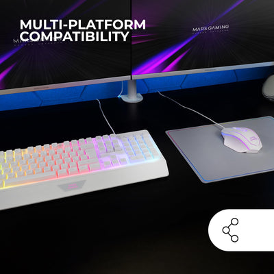 MARSGAMING MCP124, 3in1 Gaming Combo, Ergonomische H-Mech LED RGB Tastatur, RGB Maus 3200DPI HUANO Switches, Nanotextil-Mauspad 360x260mm, Multiplattform-Kompatibilität, Spanisches Layout, Weiß