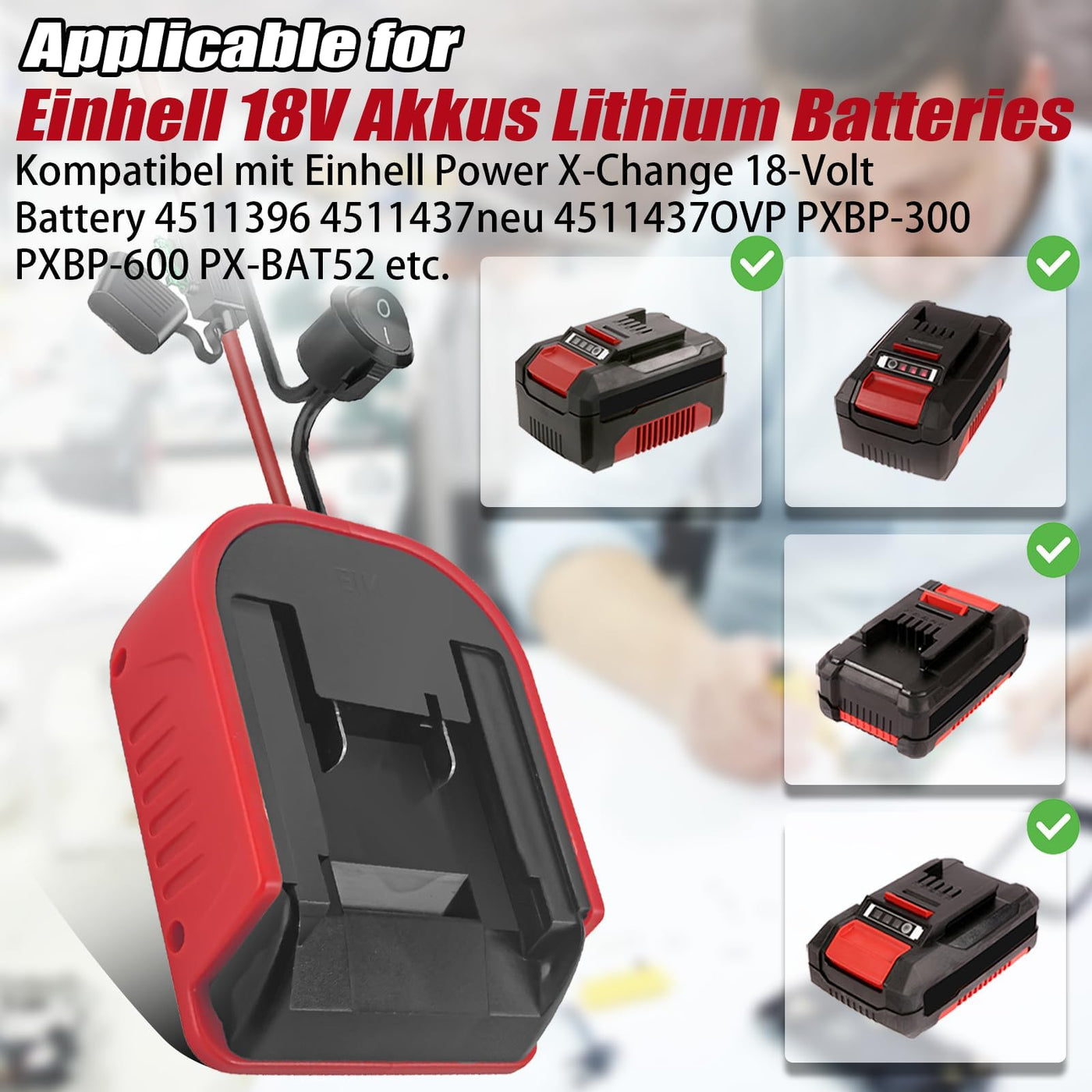 2 Stück Power Wheel Adapter für Einhell 18V Power X Change Akku, Dock Stromanschluss mit 14AWG Sicherung und Schalter, Akku Adapter für RC Auto Heimwerker