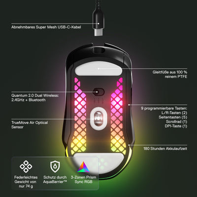 SteelSeries Aerox 5 Wireless – RGB Gaming-Mouse mit Öffnungen in der Oberfläche – Federleichtes, wasserabweisendes Design – 9 Tasten – Bluetooth/2,4 GHz – Optischer TrueMove Air-Sensor mit 18.000 DPI