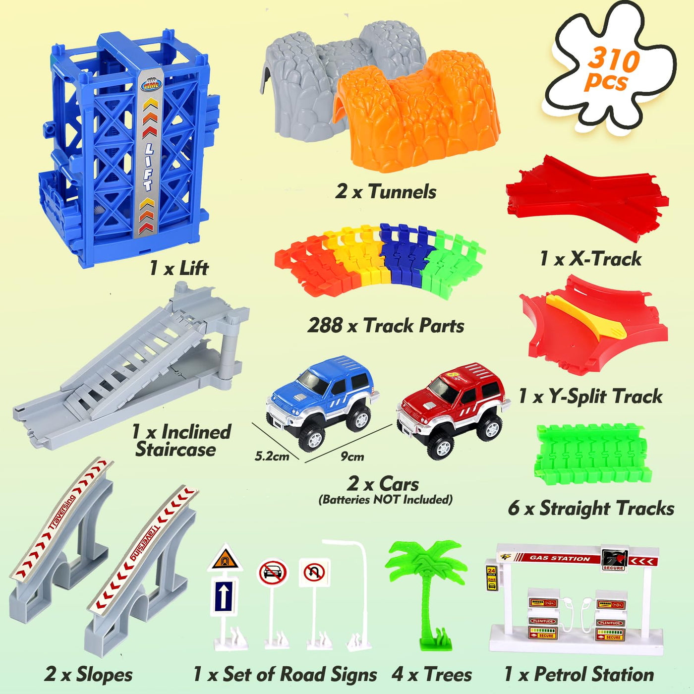 Autorennbahn Kinder Spielzeug ab 3 4 5 Jahre mit 2 Spielzeugauto, Kinderspielzeug ab 3 4 5 6 7 Jahre Junge，309PCS Car Track Rennbahnen, Racing Geschenk 3 4 5 Jahre Junge Mädchen, 505cm Länge Rennbahn