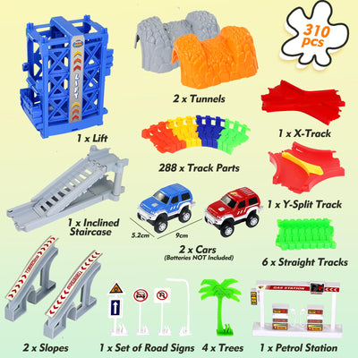 Autorennbahn Kinder Spielzeug ab 3 4 5 Jahre mit 2 Spielzeugauto, Kinderspielzeug ab 3 4 5 6 7 Jahre Junge，309PCS Car Track Rennbahnen, Racing Geschenk 3 4 5 Jahre Junge Mädchen, 505cm Länge Rennbahn