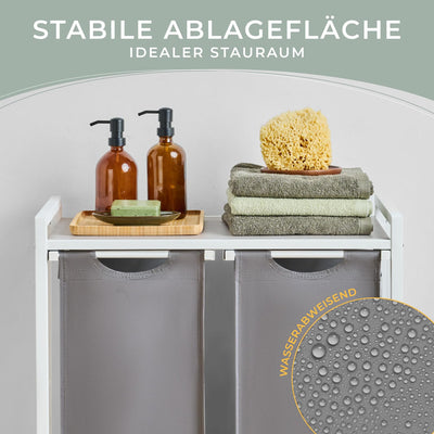 Blumtal Wäschesammler 2 Fächer Grau - Wäschekorb mit Ablage in Beton-Optik - Wäscheschrank mit Metall-Rahmen in Weiß - Wäschekorb mit Beinen - Wäschesortierer 2 Fächer - Wäschekorb mit Füßen
