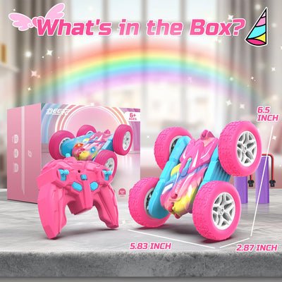 DEERC Rosa Ferngesteuertes Auto für Mädchen mit Buntem Licht, RC Stuntautos, 360° drehbares RC Stuntauto 4WD RC Spielzeugautos für Mädchen ab 6 Jahren