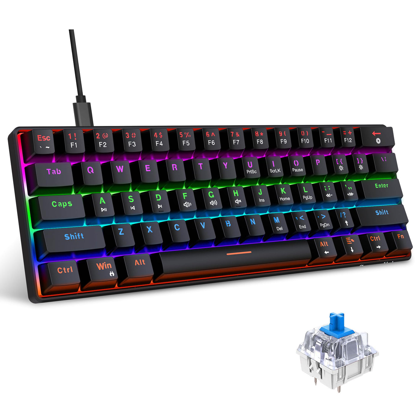 Snpurdiri 60% kabelgebundene Mechanische Gaming Tastatur, Anti-Ghosting 61 Tasten, RGB-Hintergrundbeleuchtung, Ultrakompakter Blauer Schalter, Doppelfuß, Schwarz