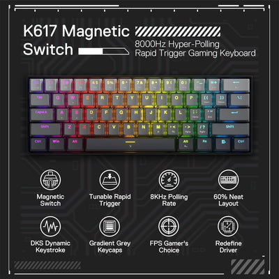 Redragon K617 Schneller Auslöser Gaming Tastatur, 60% Kabelgebundene mechanische Tastatur mit 61 Tasten, Spezieller Magnetschalter, Betätigungspunkt einstellbar, 8K-Hz-Abfragerate, Grau