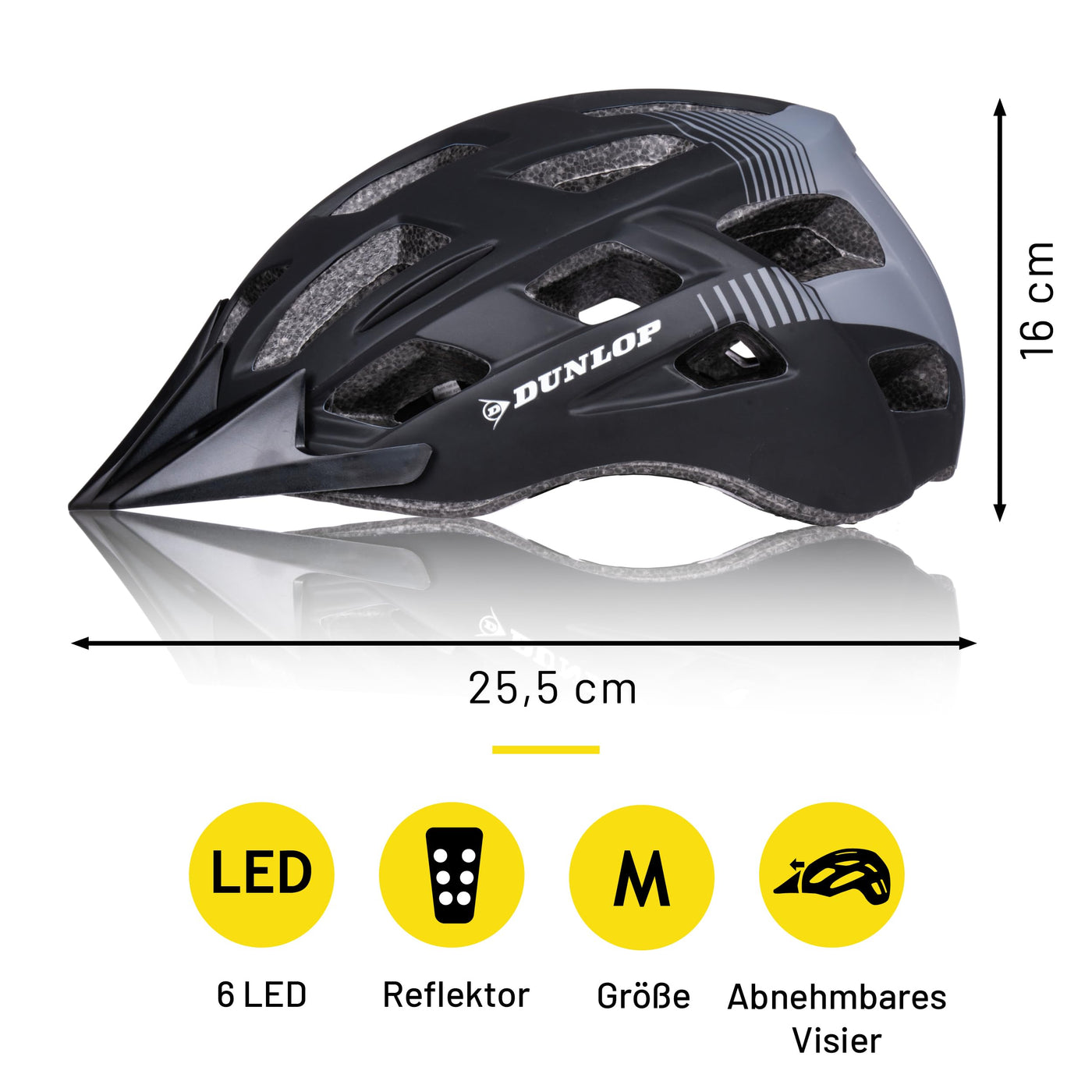 Dunlop Fahrradhelm mit Licht - Fahrradhelm Damen und Herren - Verstellbar von 55 bis 58 cm - Fahrrad Helm Größe M - mit LED-Beleuchtung - 3 Lichtmodi - Schwarz