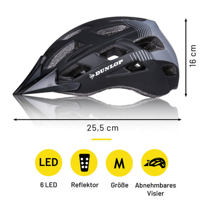 Dunlop Fahrradhelm mit Licht - Fahrradhelm Damen und Herren - Verstellbar von 55 bis 58 cm - Fahrrad Helm Größe M - mit LED-Beleuchtung - 3 Lichtmodi - Schwarz