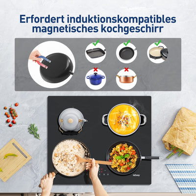 IsEasy 4 Zonen Einbau Induktionskochfeld mit 9 Leistungsstufen &1-99Min Timer, Boost-Funktion, Induktionskochplatte, Induktion Herdplatte mit 4 Platten, 60cm, 6800W, Schwarz