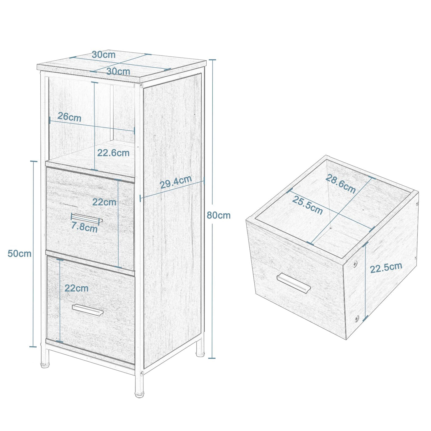 EUGAD Badezimmerschrank mit 2 abnehmbaren Schubladen, Badschrank schmal, multifunktionaler Aufbewahrungsschrank Eckschrank, Industrie Stil, mit Metallrahmen, Schwarz helle Eiche, 30x80x30 cm