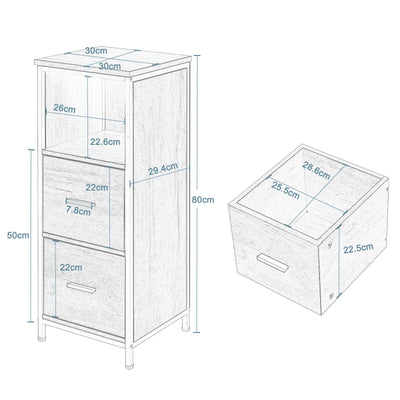 EUGAD Badezimmerschrank mit 2 abnehmbaren Schubladen, Badschrank schmal, multifunktionaler Aufbewahrungsschrank Eckschrank, Industrie Stil, mit Metallrahmen, Schwarz helle Eiche, 30x80x30 cm
