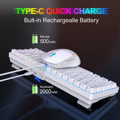 Snpurdiri 60% Tastatur Maus Set Kabellos, LED-Beleuchtung, wiederaufladbare 2000mAh Batterie Small Mini 60 Prozent Wireless Gaming Combo, Ergonomisches Design 6D 3200DPI Maus (Weiß)
