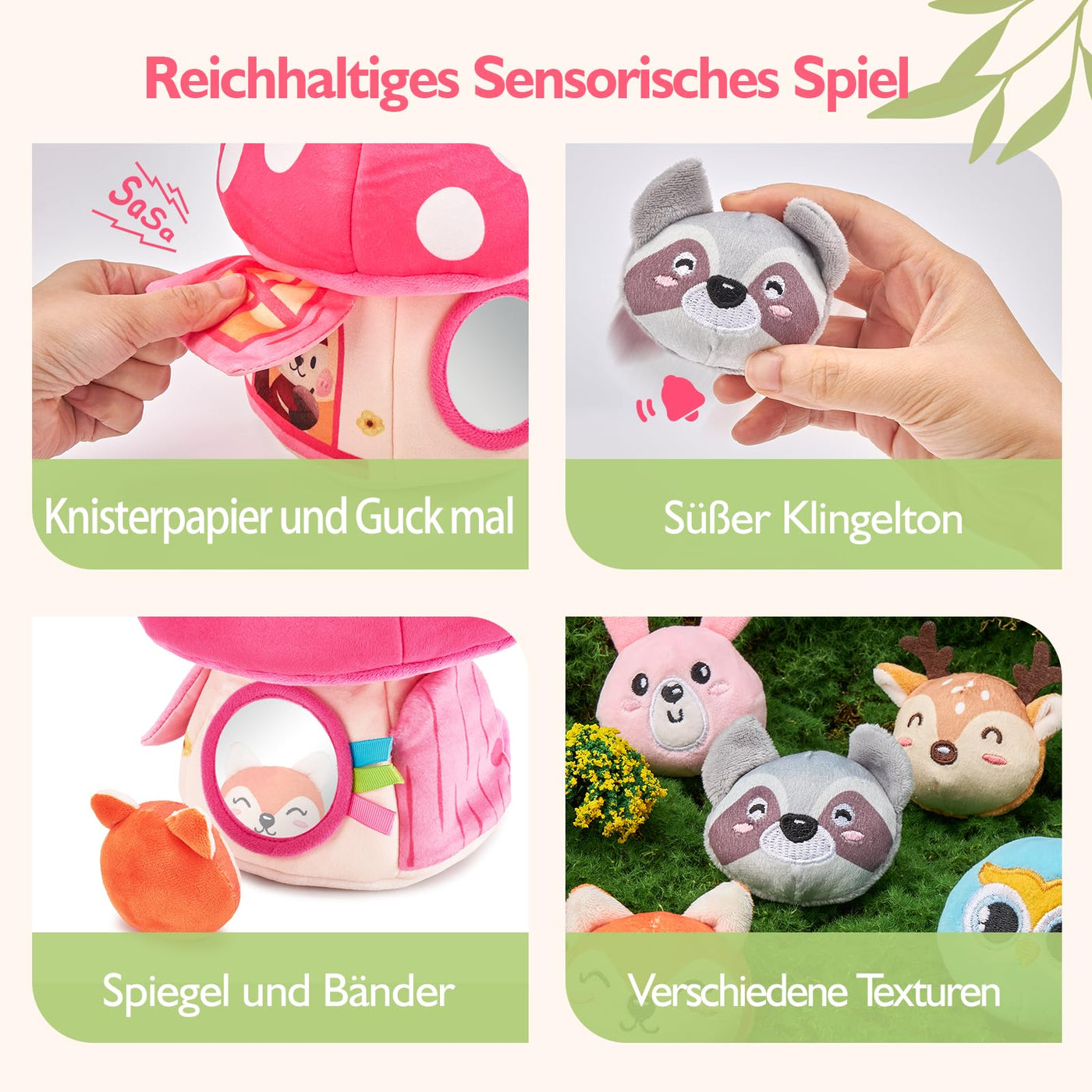 hahaland Baby Spielzeug 6 12 18 Monate, Pilzhaus mit Tieren Rassel, Krepppapier,Spiegel,Lernspielzeug für Babys Fördert Sensorische & Motorik,Montessori Spielzeug Geschenk für Kleinkinder 1 2 3 Jahren