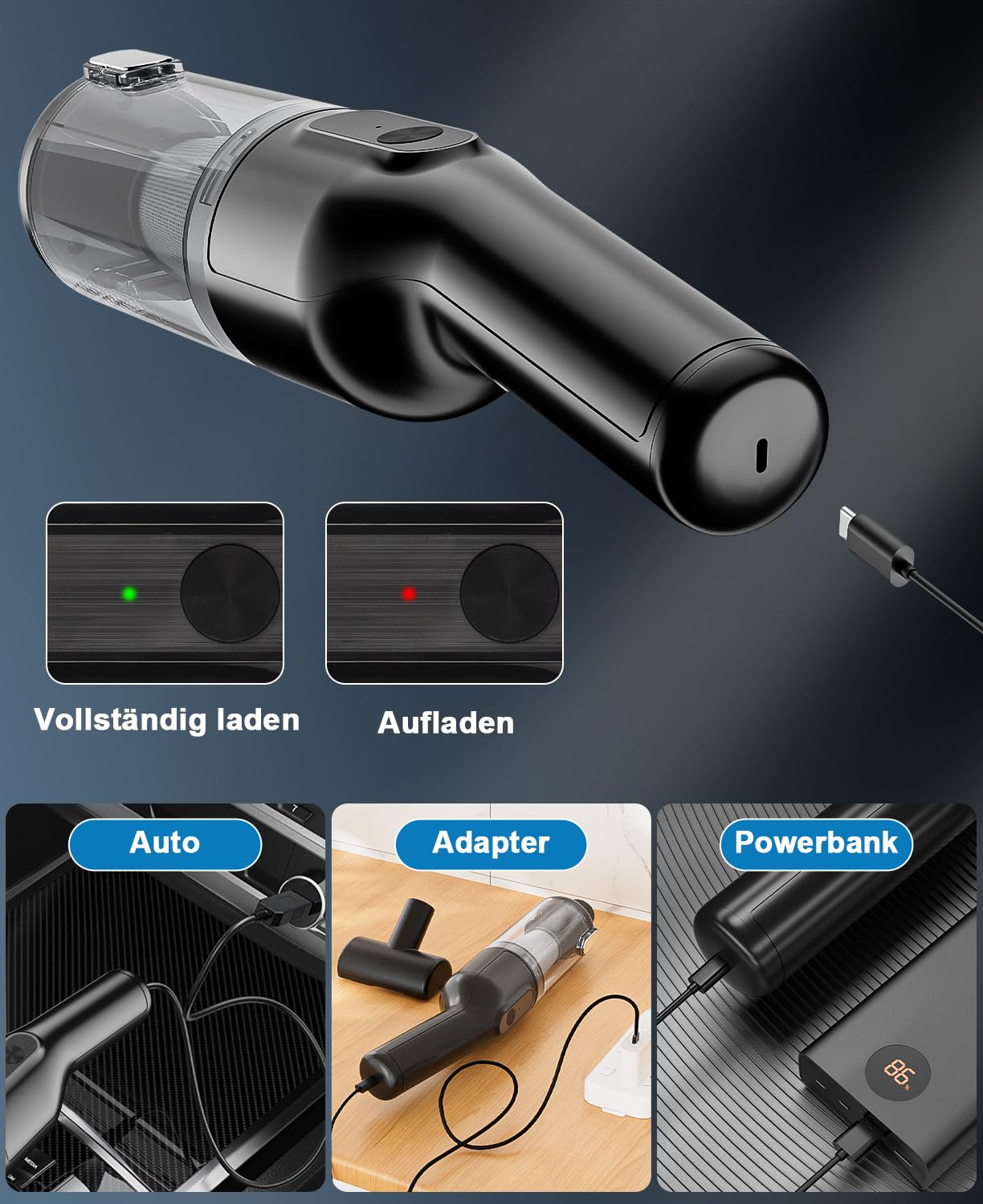 Vankarr Handstaubsauger Akku 16000Pa Handstaubsauger Kabellos Autostaubsauger Stark Mini Staubsauger Tragbarer Handsauger USB Auto Staubsauger Ohne Kabel