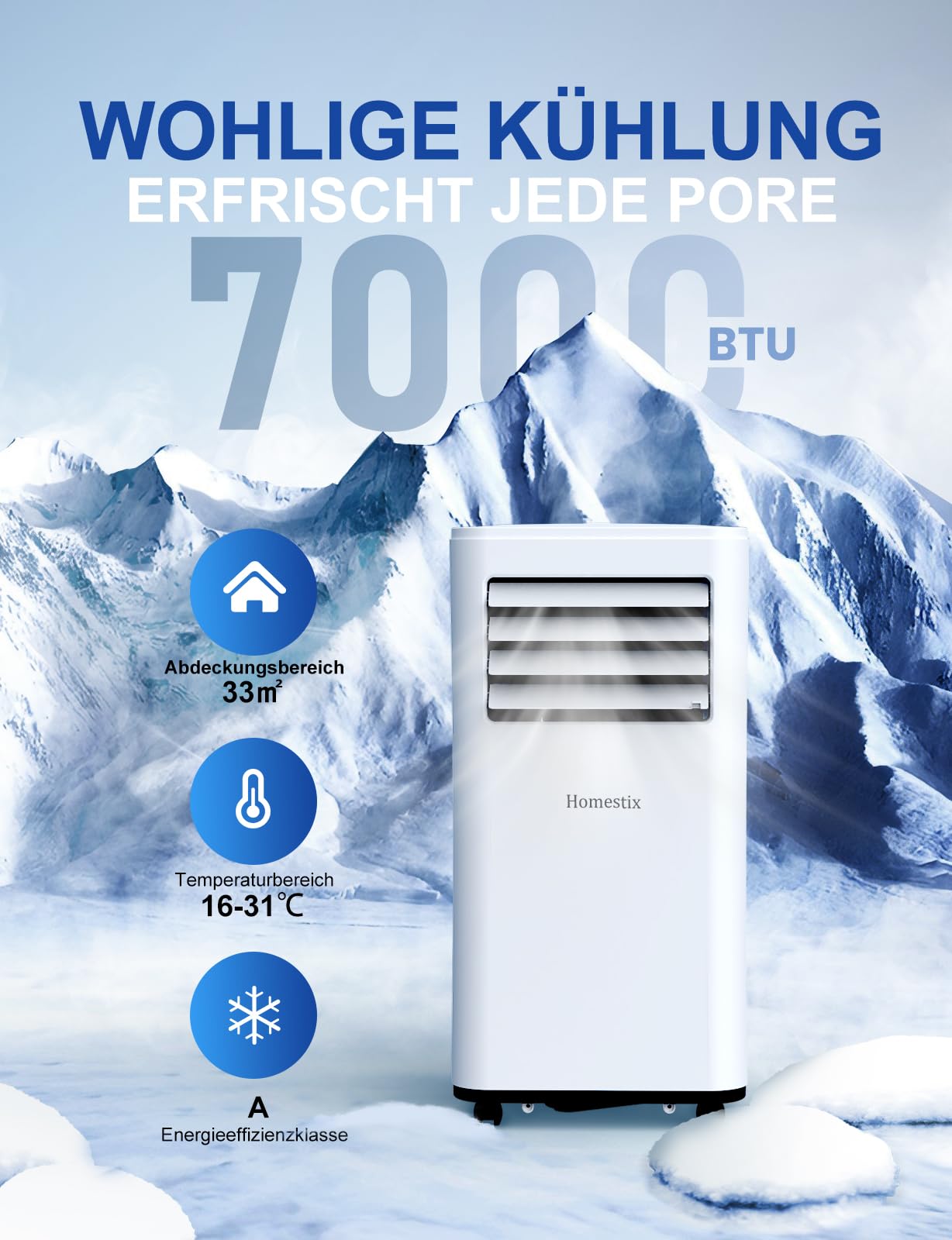 Klimaanlage Mobil 7000 BTU, Mobile Klimaanlage 4-in-1, Kühlung, Entfeuchtung und 2-Stufiger Belüftung, Mobiles Klimagerät mit Abluftschlauch, Digitalanzeige, 24h-Timer, Kühlfläche bis zu 68 m³(25㎡)