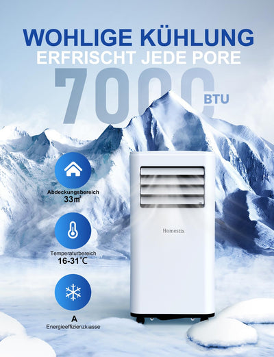Klimaanlage Mobil 7000 BTU, Mobile Klimaanlage 4-in-1, Kühlung, Entfeuchtung und 2-Stufiger Belüftung, Mobiles Klimagerät mit Abluftschlauch, Digitalanzeige, 24h-Timer, Kühlfläche bis zu 68 m³(25㎡)