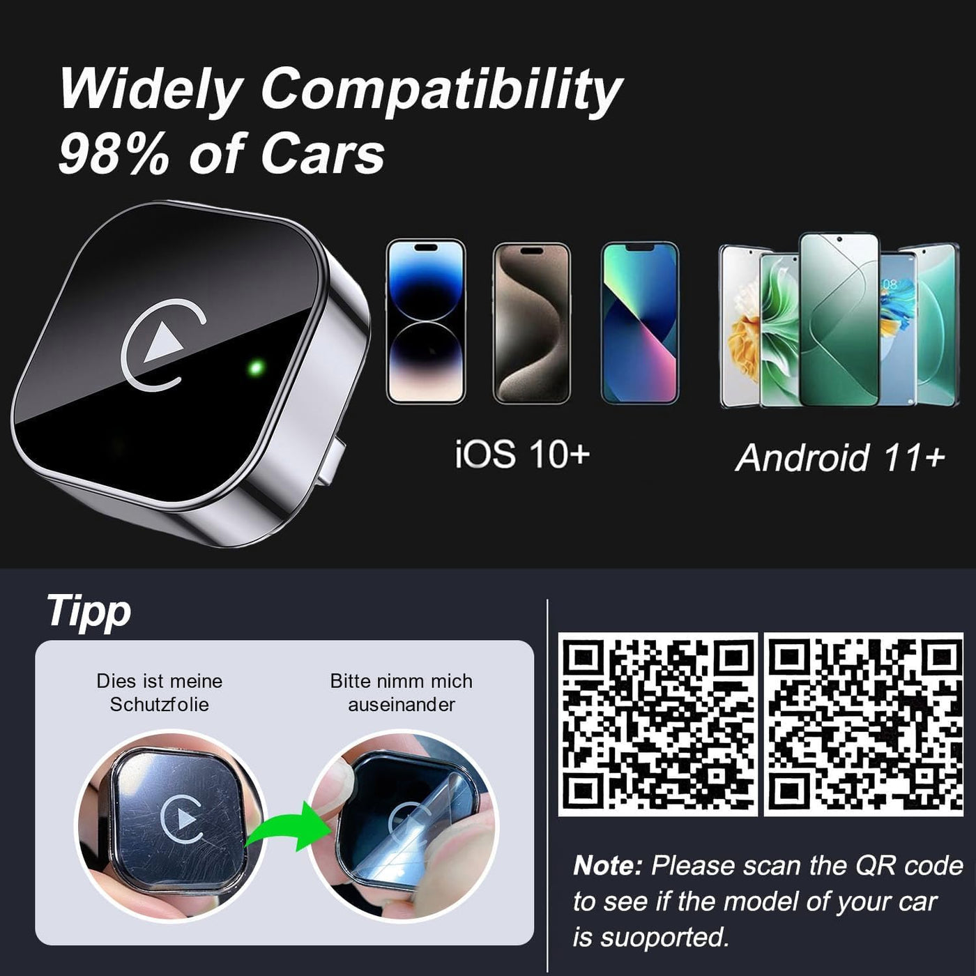 2025 Upgraded 2-in-1 Wireless CarPlay Adapter: unterstützt CarPlay+Android Auto, Bluetooth 5.0 drahtlose Verbindung, Plug &Play,kompatibel mit iOS 12+/Android11+ & Autos ab 2016 (Schwarz)