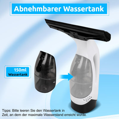 Akku Fenstersauger, 35 Min Laufzeit, 2200mAh Aufladbare Fensterabzieher Mit 150ml Sprühflasche Und 2pcs Wechselbare Absaugdüse, Wischtuchaufsatz für Fenster, Fliesen, Dusche