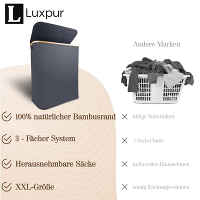 Luxpur® Wäschekorb XXL mit Deckel 3 Fächer Wäschesack Bambus Wäsche-Sortier-System Faltbare Wäschebox Wäschesammler Wäschetrenner Wäschetruhe Laundry Basket