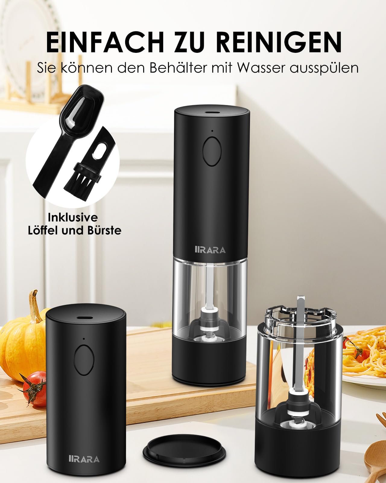 IIRARA Salz und Pfeffermühlen elektrisch 2er Set mit einstellbarem Keramikmahlwerk, Gewürzmühle elektrisch mit LED-Licht Type-c Wiederaufladbar Einhandbedienung mit Reinigungspinsel Löffel schwarz