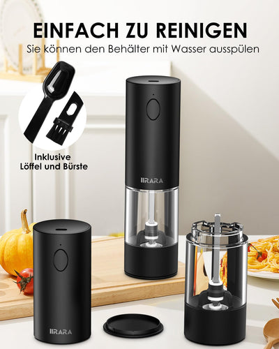 IIRARA Salz und Pfeffermühlen elektrisch 2er Set mit einstellbarem Keramikmahlwerk, Gewürzmühle elektrisch mit LED-Licht Type-c Wiederaufladbar Einhandbedienung mit Reinigungspinsel Löffel schwarz