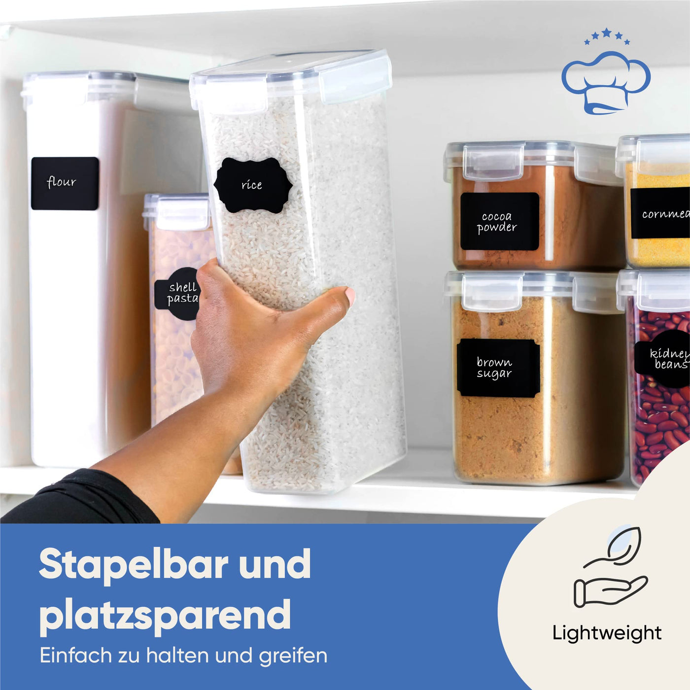 Luftdichtes Frischhaltedosen-Set, 24-teilig, Küchen- und Speisekammer-Organisation, BPA-frei, Kunststoffdosen mit robusten Deckeln, ideal für Müsli, Mehl und Zucker, Etiketten, Marker und Löffel-Set