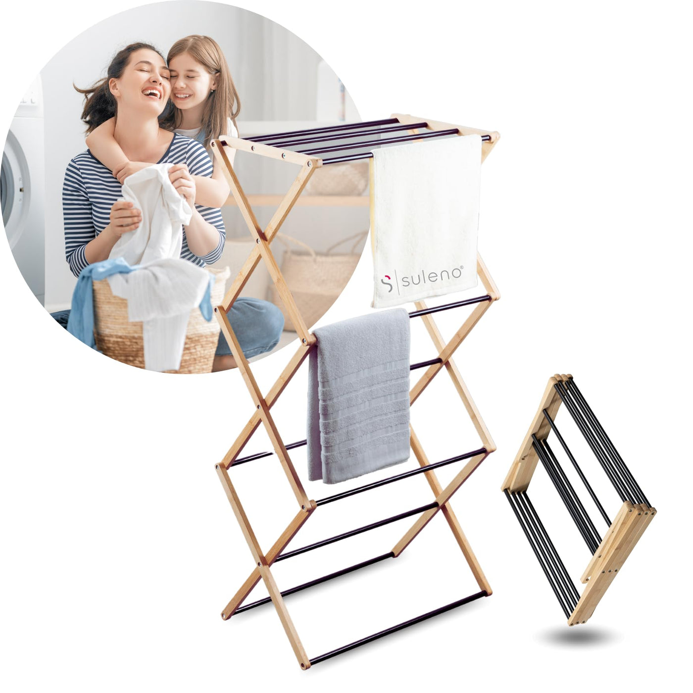 Suleno® Bambus Wäscheständer Bali, 57x113cm Klappbar & Ausziehbar, Platzsparend, 11 Metallstangen, 6 Ebenen, Leicht, Ideal für kleine Wohnungen, Enge Räume & Balkon, Innen/Außen, Umweltfreundlich